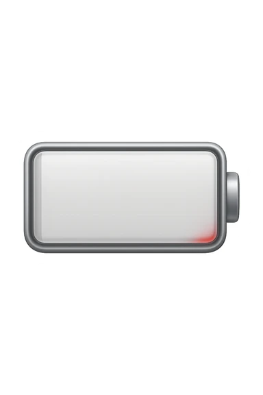 iPhone-style emoji of a battery that is almost empty, with a small red bar at the end indicating low energy. Clean, minimal, glossy look, transparent background. sticker