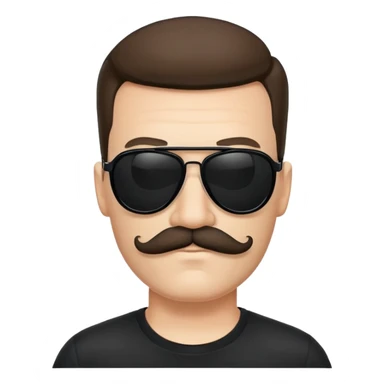 Man with big moustache, black aviators, and a black T-Shirt sticker
