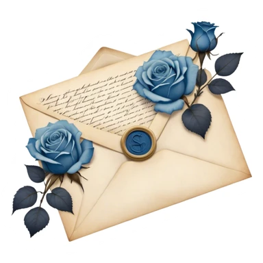 An antique handwritten letter with dried light blue roses and a navy wax seal, vintage aesthetic. sticker