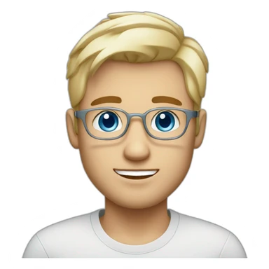 guy with ocean blue eyes, wears thing silver glasses, has blond short stylish hair, cute cheeks, light brows, works in marketing sticker