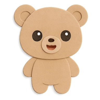 Remove any objects from the bear's hands. Do not add any hair, tail, or blush. The bear should be a simple, super cute, soft pastel brown little bear with a natural, flawless body, big sparkling watery eyes, round face, round ears, chubby body, and a happy open-mouth smile. Use the exact same paper craft visual effect as the reference image. Keep clean lines and a transparent background. sticker