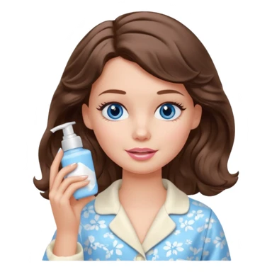 Barbie girl with makeup, blue eyes , and bob long haircut wavy, short brown hair in creamy color pajamas, face cream in hand sticker