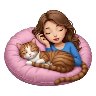 girl with long wavy brown hair, brown eyes, long lashes makeup, sexy pink lips, light to medium complexion,  sleeping on a cozy pillow, with brown tabby cat, sleeping sticker