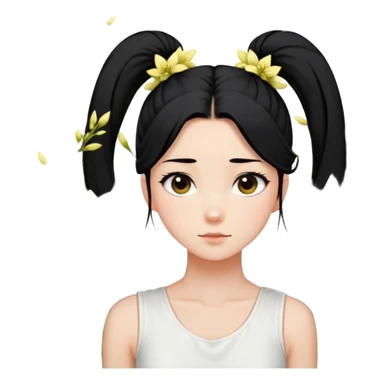 A girl with a high ponytail, a black hair tie, and a sleeveless white top, surrounded by blooming forsythias. sticker