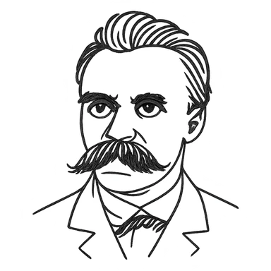 a hand drawn black outline portrait of philosopher Friderich Nietzsche with similar-sized eyes based a famous portrait of him sticker