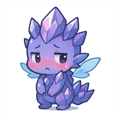 kawaii chibi style crystal sprite creature, purple, blue, and pink, with tiny magical wings, embarrassed expression, blushing and looking away sticker