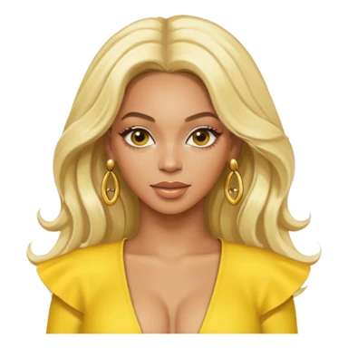 Beyonce with long platinum blonde hair, yellow outfit and earring sticker