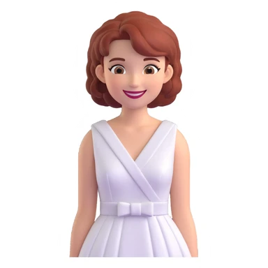 emoji style portrait of a woman with matching hairstyle, facial features, and white dress, smiling, simple or transparent background sticker