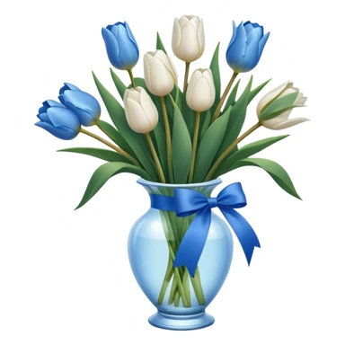 White tulips in case, with a blue ribbon sticker