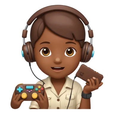 Cartoon chocolate mini pastry wearing tiny headset, holding tiny controller, focused excited eyes, chibi style, Twitch emoji style, transparent background, colorful
 sticker