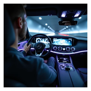 POV from driver's seat of a 2025 Mercedes-Benz S-Class, showing luxurious interior with ambient blue/purple lighting, futuristic dashboard, glowing infotainment, and realistic hand on Mercedes steering wheel. Trim reflections, dynamic shadows, blurred windshield. Hyperrealistic, cinematic, 8K. sticker