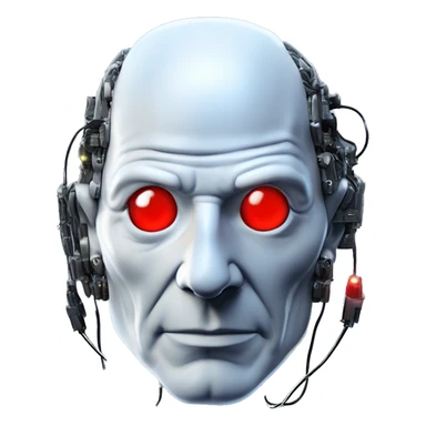 Jean luc picard from Star Trek assimilated by the Borg, with mechanical metal covering the left side of his face, with wires and a red light on the left side. His eyes are blue sticker