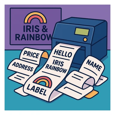 Change the background color behind the 'Iris & Rainbow' logo to purple. Do not add a rainbow to the logo. Keep the rest of the scene the same: a label printer producing many labels, clean and professional look. sticker