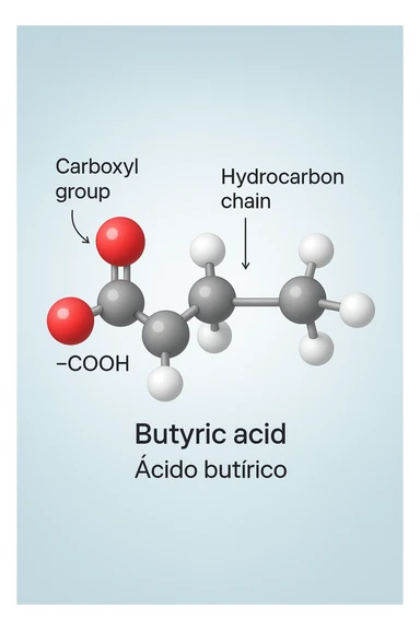 the acido butirrico molecule floats in the center, with animated arrows or labels pointing to the carboxyl group and the hydrocarbon chain. The background is a soft gradient, and the overall style is clean, professional, and suitable for educational materials. sticker