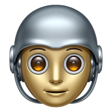 A cute futuristic robot emoji made of silver chrome, rounded friendly body, minimal facial features, glossy metallic surface, soft reflections, iOS emoji style, centered, clean white background sticker