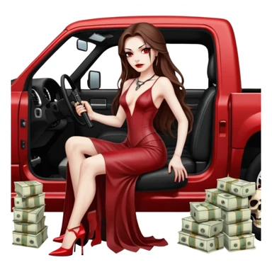 Lilith symbol red eye seductress evil long brown haired sexy succubus woman with leather long dress with slit on, sitting in Big Large F350 pickup truck. Platform long high heels on feet. Back seat full of stacks of cash, she is  Holding a human skull of her enemies and a gun in other hand sticker
