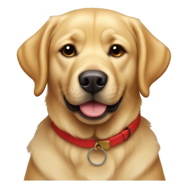 Round faced golden Labrador with black eyes and a smile and a red collar sticker