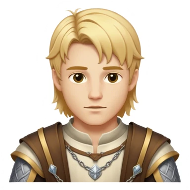 Medieval summer outfit worn by a DnD themed fantasy male character. Character has golden blonde hair cut in an even, symmetrical style that falls precisely to the jawline, with a perfectly centered part and identical lengths on both sides. sticker