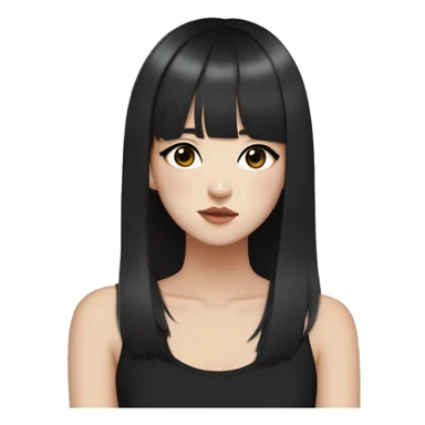 Korean girl, black tank top, black hair, black eyes, layered hair, cool girl, aesthetic, long hair, hime cut, blunt bangs, small silver hoop earrings sticker