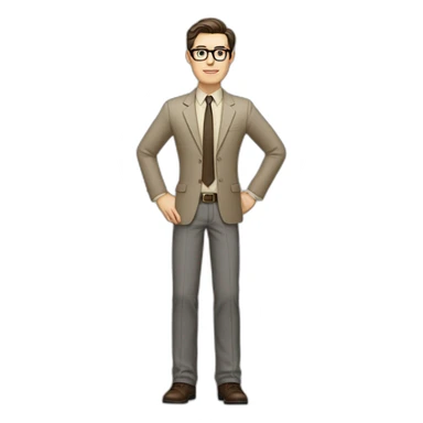 Full height Gesticulating Pale skinned fit man with dark brown hair in gray jacket, beige office shirt, brown tie, brown pants and vintage glasses. sticker