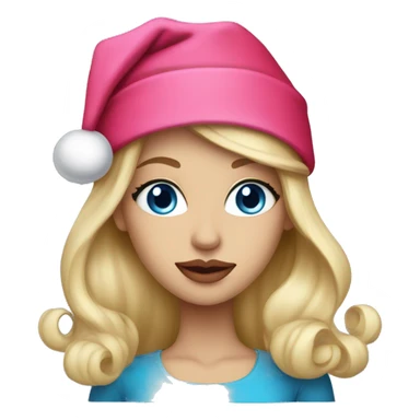 Beautiful blonde blue eyed woman, pink lips, wearing red santa hat sticker