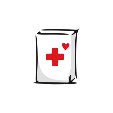 Hand-drawn intimate health clinic packet with red cross and small heart icon, sealed medical packet sticker