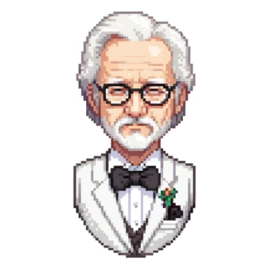 Colonel Sanders KFC, old man with white hair, white goatee, black bow tie, white suit, glasses sticker