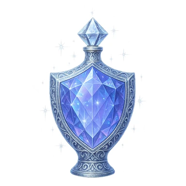 shield-shaped ultra luxurious elixir bottle, color #7986cb, multi-layered holographic and silver details, intricate crystal facets, magical radiant glowing and sparkling effects, seamless ornate bottom, very small neck, transparent background, floating, no base or shadow, modern, extremely beautiful, matching a collection sticker