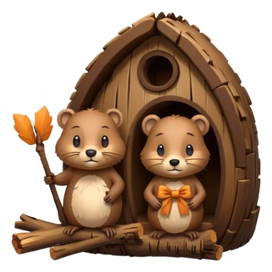 a beaver couple, one a female with a bow on her head in a beaver home made of sticks and logs sticker