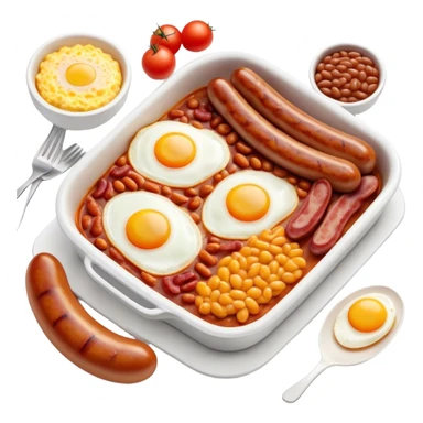 Cinematic Realistic English Breakfast Dish Emoji, showcasing a hearty ensemble of eggs, bacon, sausages, baked beans, and grilled tomatoes rendered with lifelike texture and vibrant, appetizing detail that exudes comforting tradition. sticker