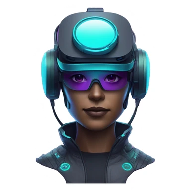 Secret human agent in a futuristic hat with in Apple VR google headset , cyberpunk, cyan and purple colors, only upper body portrait, front facing the camera  sticker