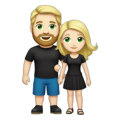 A blond chubby girl with blue eyes and black haired and bearded man with green eyes. The man wears a black t-shirt. The woman is wearing a black skirt and a blue shirt sticker
