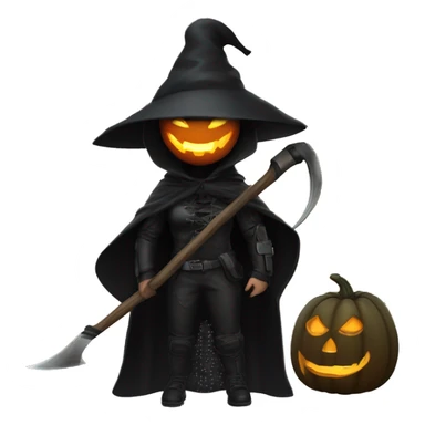 Human female pumpkin hunter with a scythe, glowing pumpkin eyes inside a black helmet, Halloween theme, emoji sticker