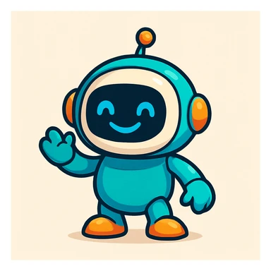 A cute tech bot mascot with a round head, antenna, and a digital smile, in a playful style sticker