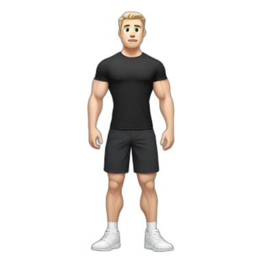 Confused Pale skinned Fit Man With the biceps and dark brown hair in black shirt, gray sports shorts and white Sneakers sticker