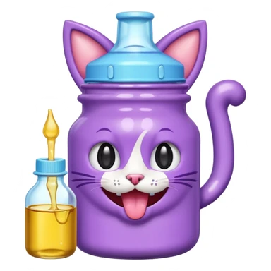 Smiling bottle of oil light purple top and light blue sticking tongue out and with cat ears sticker