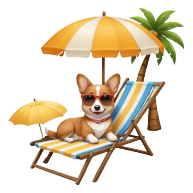 a corgi dog laied on a beach chair, a sunny beach, a sun umbrella, and beach coconut trees. the icon should capture the essence of a relaxing beach vacation with a carefree atmosphere sticker