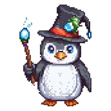 A penguin wizard with a tall hat and a magic wand sticker