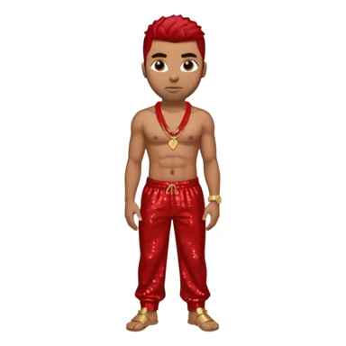 Ginuwine with red sequin baggy pants, shirtless with necklace, dark brown hair sticker