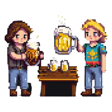 retro pixel art of two friends toasting with beer sticker