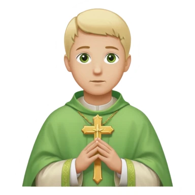 a priest, green eyes, blonde hair, light green chasuble. opening arms, gazing thoughtfully. Soft light, subtle fern. Waist-up, profile. sticker