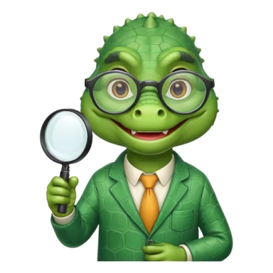A green academic gator with a magnifying glass on a light background sticker