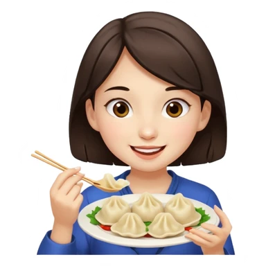 A dark brown-haired girl happily eating dumplings. sticker