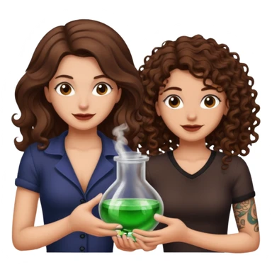 hiding potion — long wavy brown hair tattooed woman and short tight curly brown hair woman — guilty smile sticker
