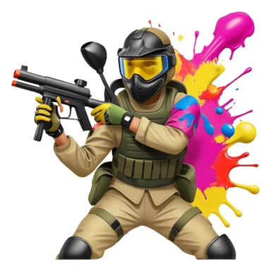A dynamic scene of a player in action, holding a paintball gun and wearing protective gear. The background shows a vibrant paintball field with obstacles, colorful splatters of paint in the air, and an intense, competitive atmosphere. sticker