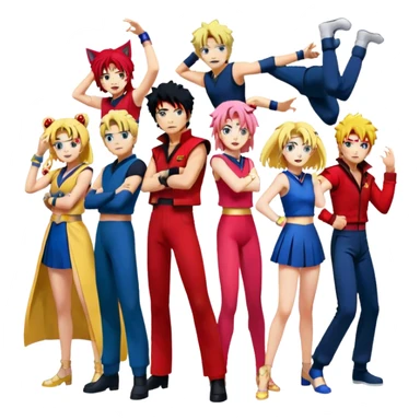 Icon for Anime Collage: Characters from Cowboy Bebop, Naruto, Bishoujo Senshi Sailor Moon and Kimetsu no Yaiba, each in their iconic poses and vibrant outfits, blended together with dynamic backgrounds. Transparent background. sticker