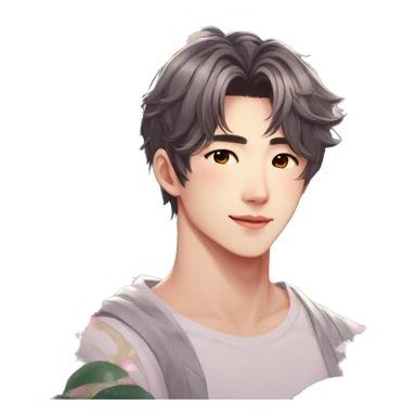 Gorgeous bright sparkly romantic Asian anime style guy with blushing face and flowers aesthetic trending style outside sticker