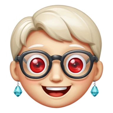 A single crystal gemstone character wearing glasses, chunky and irregular with faceted sides, [red], big glossy eyes behind the glasses and a wide happy smile, , high detail, soft lighting, centered on a plain dark background sticker