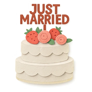 white wedding cake with strawberries, pink roses, 'Just Married' topper, paper craft style sticker