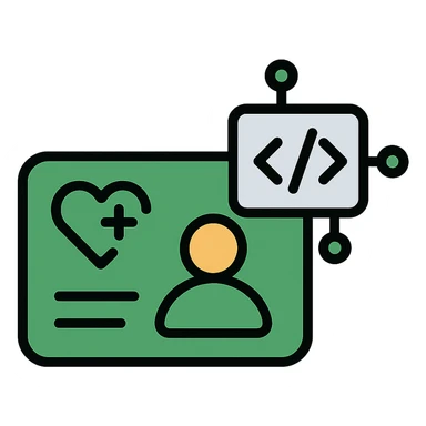 modern icon design for a clinic core application logo, green color, integrates a healthcard and a software-related icon, modern and clean aesthetic sticker